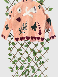 Veste matelassée rose brodée à la main avec des oiseaux et des fleurs, col mandarin, manches longues, vêtement d'automne pour femmes - Product Image 6