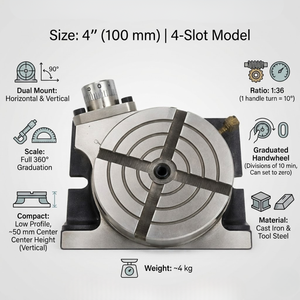 Table rotative horizontale et verticale de 4 pouces |   Machine à fraiser |   Table à rainures en T de précision 100 mm, rapport 90:1 |   Accessoire d'outillage industriel - Product Image 5