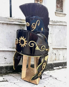 Ensemble d'armure romaine traditionnelle noire en métal, avec casque et protège-jambes, plaques plates polies, pour déguisement d'Halloween - Product Image 3