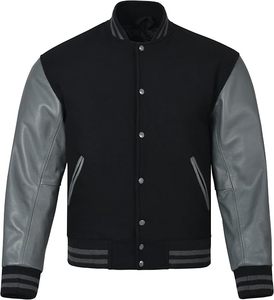 Classic Black Varsity <b>Jacket</b> With <b>Cream</b> Leather Sleeves Crewneck Contrast Trim Adult Autumn Sportswear - Product Image 5