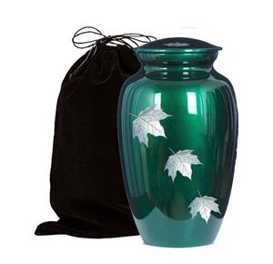 Urne funéraire classique en métal vert de haute qualité, personnalisée pour animaux de compagnie adultes, imprimée avec des feuilles tombantes, biodégradable et respectueuse de l'environnement pour les cendres - Product Image 4
