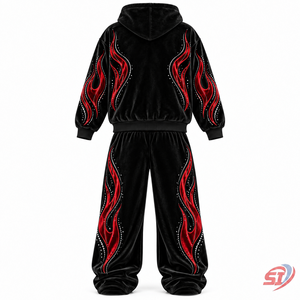 Ensemble de survêtement OEM Noir Ruby Flame Velour Velours avec strass et cristaux, 95% Coton 5% Élasthanne, comprenant un sweat à capuche et un pantalon, personnalisable - Product Image 2