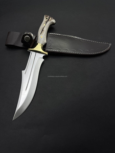 Couteau de chasse et de camping Skinner avec manche en corne de cerf, lame en acier inoxydable 4116 partiellement dentelée, avec étui en cuir, garantie de 3 ans - Product Image 4