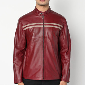 <b>Men's</b> Red Cow <b>Leather</b> Moto <b>Jacket</b> Stand Collar Zipper Closure Regular Sleeve Autumn Biker Style Solid Color <b>leather</b> moto <b>jacket</b> - Product Image 1