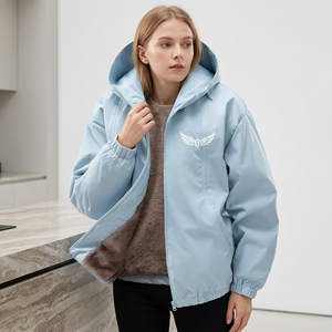 Light Blue Hooded Fleece <b>Jacket</b> With Wing Logo Zipper Front Casual Unisex Autumn Wear - Product Image 6