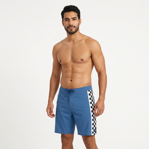 <b>Men's</b> Blue Board <b>Shorts</b> With <b>Checkered</b> Side Stripes Drawstring Waist Quick Dry Swim Trunks - Product Image 3