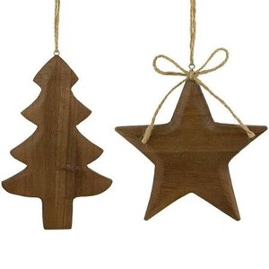 rustic wooden Christmas ornaments featuring classic holiday shapes, including a tiered evergreen armhouse gift wrap presentation - Product Image 1