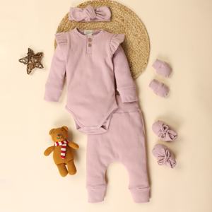 Conjunto de manga larga de elastano de bambú orgánico Rosa rubor de calidad superior, paquete de 5 con diadema, ropa de bebé - Product Image 1