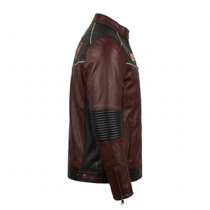 Chaqueta de Cuero Personalizada OEM para Hombre, Color Granate y Negro, con Codo Acanalado, Estilo Motero, Piel Genuina de Vacuno, Ropa Exterior, Venta al por Mayor, Fabricante Directo - Product Image 3