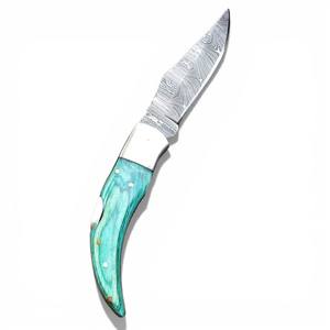 Cuchillo de bolsillo plegable de acero de Damasco hecho a mano, mango de madera Pakka, hoja de punta caída, cuchillo de supervivencia, ODM OEM, personalizable, con funda de cuero - Product Image 1