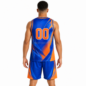 Ensemble de maillot de basket-ball sublimé bleu et orange pour hommes, col en V, sans manches, respirant, en mesh, uniforme sportif toutes saisons - Product Image 6