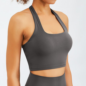 Sujetador deportivo halter para mujer, top sin espalda para entrenamiento, transpirable, elástico en cuatro direcciones, de punto, spandex, nailon, para yoga, gimnasio, ropa deportiva. - Product Image 4
