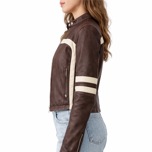 Cropped <b>Brown</b> Faux <b>Leather</b> Women <b>Jacket</b> With White Stripe Detail With Custom Logo <b>Leather</b> <b>Jacket</b> For Women - Product Image 4