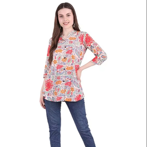 SAZU Stylish Floral Print Women’s <b>Kurti</b> with Vibrant Multicolor Design Comfortable Cotton Fabric Button Front Mandarin Collar - Product Image 1