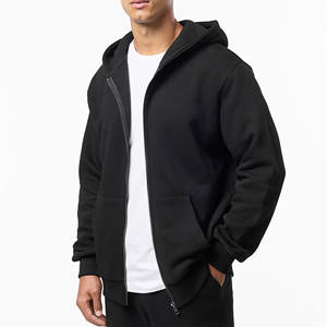 Sudadera con capucha de invierno transpirable de ajuste regular con cremallera completa y dobladillo abierto para hombre, chándal negro de 300GSM con forro polar de algodón y cintura elástica - Product Image 6