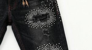 Men's Slim Dark Mid Waist Summer Ripped Denim Jeans Vintage <b>Boot</b> Cut Washed Cotton Lightweight Front Studded Streetwear <b>Pants</b> - Product Image 3