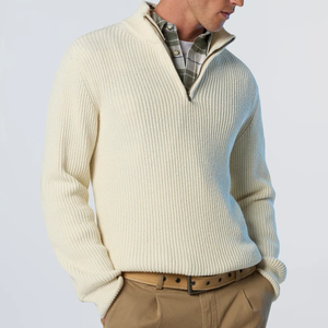 Pull en laine crème pour homme, col zippé 1/4, manches longues, couleur unie, style tricot côtelé épais, idéal pour l'hiver - Product Image 4