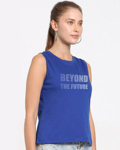 Camiseta sin Mangas Azul para Mujer, Cuello Redondo, Diseño con Letras Estampadas, Informal, Transpirable, Tejida en Poliéster - Product Image 1