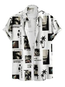 Chemise hawaïenne boutonnée, blanche avec imprimé photo palmiers, style vacances d'été - Product Image 3