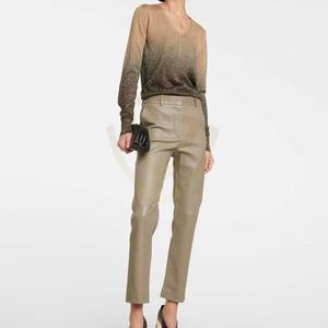 Pantalones de Cuero Genuino para Mujer, Pantalones Casuales de Pierna Ancha, Cintura Media, Frente Plano, Pantalones de Cuero para Mujer - Product Image 2