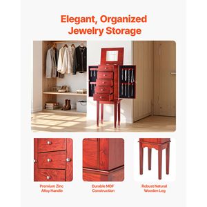 Armadio Portagioie in Legno con Specchio a Ribalta, 4 Ampi Cassetti e 4 Scomparti Superiori, Elegante Organizzatore per Gioielli - Product Image 5