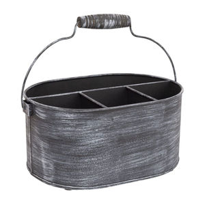 Organizador de cubiertos ovalado de acero galvanizado estilo rústico con 6 compartimentos y asa de madera para cocina y comedor - Product Image 2