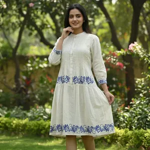 Womens Cream Embroidered Cotton Midi Dress Mandarin Collar <b>Three</b> Quarter Sleeves Pleated Bodice A Line Casual Elegant SummerWear - Product Image 3