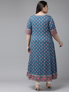 Kurti Anarkali en rayonne pour femmes grandes tailles, col rond, manches courtes, design floral bleu élégant et décontracté pour tous les jours - Product Image 2