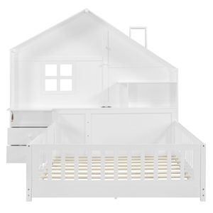 Letto per bambini bianco a grandezza naturale con finestra, cassetti laterali, ripiani e set di prese USB - Product Image 5