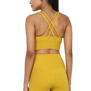 Ensemble de yoga 2 pièces jaune moutarde pour femme : Leggings de fitness taille haute et brassière de sport rembourrée à col rond – Tenue de sport pour la gym - Product Image 5