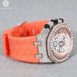 Charm Jewells Reloj redondo de lujo con incrustaciones de diamantes para mujer, acero inoxidable, analógico, cuarzo, correa de silicona naranja, 43 mm - Product Image 4
