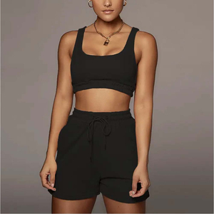 Ensemble deux pièces décontracté pour femme : débardeur court et short de sport à cordon, 100 % coton, longueur genou, idéal pour l'été - Product Image 1