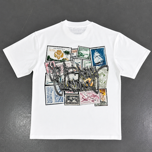 Camiseta Extra Grande con Diseño Personalizado para Hombre, Estampado de Sellos Postales Vintage, Algodón Grueso, Estilo Urbano Informal, OEM ODM - Product Image 1