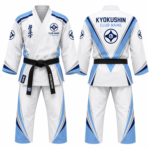 MEGAMAPLE Club Karate Gi Heat-Transfer Printed Team Name Numbers White <b>Blue</b> V-neck Full Sleeve Moisture Wicking Breathable - Product Image 1