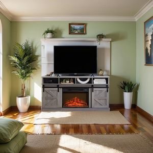 Mobile TV Moderno Stile Fattoria, Grande Consolle per Intrattenimento Domestico Ispirata ai Fienili con Inserto Camino da 23'' per TV fino a 65'' - Product Image 3