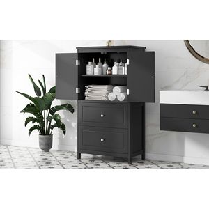 Mobiletto da Bagno con Ripiani Regolabili, Due Ante e Cassetti in MDF Nero - Arredo Bagno - Product Image 3