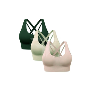 Sujetador deportivo para mujer, bralette con espalda cruzada, estilo racerback, transpirable, sin costuras, con relleno extraíble, soporte medio, color liso - Product Image 1
