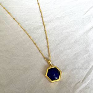Lapis Lazuli Hexagon Charm Pendant Sterling Silver Necklace Gold Plated Blue Stone Women's Classic Top Grade Jewelry Handmade - Product Image 1