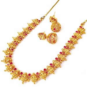 Goddess Lakshmi <b>Ruby</b> Bezel Setting <b>Necklace</b> Set 22K Gold Plated Engagement Anniversary South Indian Temple Jewelry Vintage - Product Image 2
