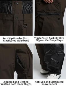 Pantalones de esquí para hombre, color marrón, impermeables, sintéticos, con aislamiento, cintura elástica y bolsillos tipo cargo - Product Image 5