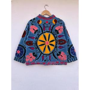 Chaqueta Varsity Bordada a Mano con Diseño Suzani, Estilo Bohemio, Color Azul, para Otoño e Invierno, Chaqueta Duster de Algodón y Terciopelo con Botones para Mujer - Product Image 3