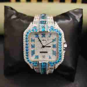 Montre tendance à cadran carré romain, moissanite, bicolore bleu et blanc, entièrement sertie de diamants, mouvement japonais, acier inoxydable - Product Image 2