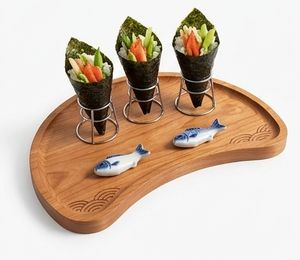 Plateau de service rectangulaire en bois jetable et écologique pour sushis, avec support à baguettes, design moderne gravé, idéal pour les fêtes - Product Image 2