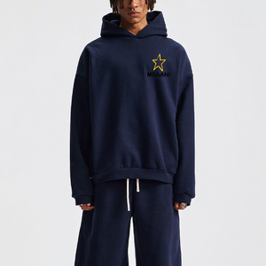 MBAANI Men's <b>Navy</b> Blue Hooded <b>Sweatshirt</b> Oversized Fit Embroidered Star Logo Casual Wear Autumn Season 100% Cotton French Terry - Product Image 1