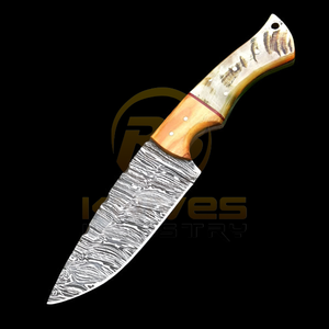 Cuchillo de desollar de acero de Damasco hecho a mano DIY OEM con mango de cuerno de carnero, hoja fija personalizada para caza y camping, funda de cuero, garantía de 3 años - Product Image 2