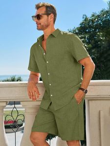 Ensemble 2 pièces pour homme, manches courtes, chemise boutonnée décontractée en lin et short, tenue de plage estivale - Product Image 3