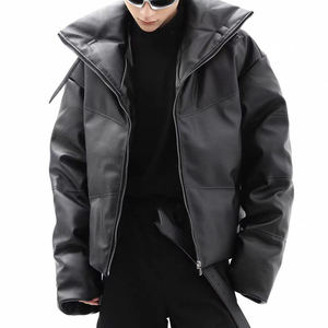 Chaqueta de Moto para Hombre, Negra, de Cuero PU, Cuello Alto, Cierre de Cremallera, Resistente al Viento, Corte Holgado, Corta, para Invierno - Product Image 3