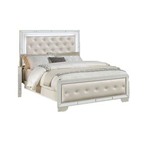 Cama Queen Size Tapizada en Piel Sintética Color Crema con Luces LED y Detalles de Espejo, Hermoso Panel de Cabecera Tapizado de 1 Pieza - Product Image 3