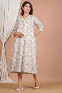 Vestido largo de algodón floral tipo kimono para mujer, con cremallera para amamantar, estampado a mano, venta al por mayor de fábrica - Product Image 4