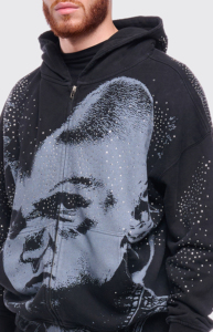 Men's Oversized <b>Graphic</b> <b>Zip</b> <b>Up</b> <b>Hoodie</b> Vintage Streetwear Rhinestones Hooded Y2K Hip Hop Casual Cotton Fleece Sweatshirt Winter - Product Image 3
